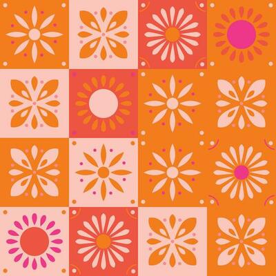 Seamless pattern with traditional ornate decorative tiles. Portuguese ceramic square tiles in orange, red and pink. Colorful vector illustration.