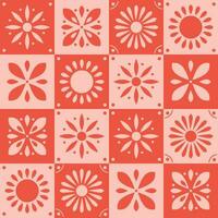 Seamless pattern with traditional ornate decorative tiles. Portuguese ceramic square tiles in orange, red and pink. Colorful vector illustration.