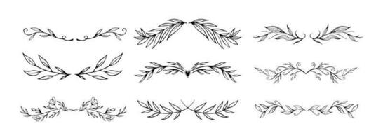 Collection of floral and leaves line art isolated on white background. Divider doodle leaf and flowers, nature border decorative element vector illustration