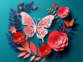 3d papercut Beautiful butterfly with green background photo