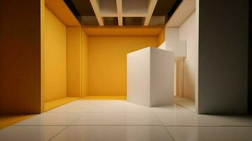 3D Rendered White and Yellow Room with Rectangular Prism Object photo