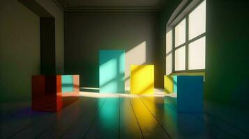 3D Render of Sunlit Room with Various Rectangular Colorful Objects photo