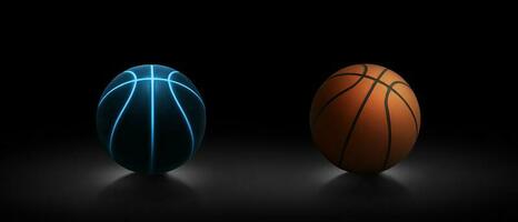 Basketball ball with bright blue glowing neon lines and Basketball ball on dark background photo