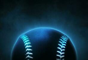 Single black baseball ball with bright blue glowing neon lines on smoke background photo