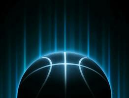 Black basketball with bright blue glowing neon lines with abstract lights. Basketball game concept photo