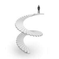 Successful businessman standing spiral staircase climb on white background photo