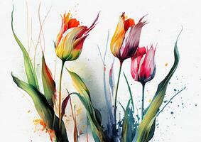 tulips watercolor, postcard or invitation poster on the wall generated by ai photo