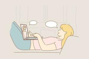 Communication, freelance, video conference business concept. Young woman or girl freelancer cartoon character lying on couch at home talking with friend online. Remote work at isolation illustration. vector