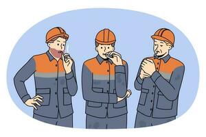 Male workers smoke at break at construction site vector