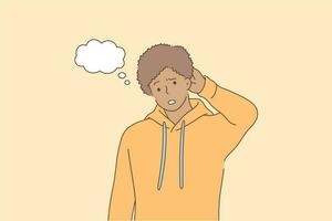 Emotion, face, expression, thought, trouble, question concept. Young pensive thoughtful african american man guy teenager character confused wonder about problem. Uncertainty with doubts or thinking. vector