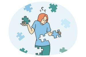 Confused woman connect puzzles rebuild personality vector
