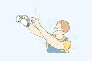 Installation, service, camera concept. Man boy technician worker cartoon character repairing or setting new video observation device with screwdriver. Security support safety provision illustration. vector