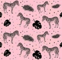 Vector seamless pattern of pink zebra and leaves