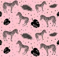 Vector seamless pattern of pink zebra and leaves