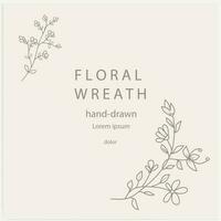 Hand-drawn line floral frame. Elegant vintage wreath. Logo template.Vector illustration botanical decoration elements for labels, branding business identity, wedding invitations, and greeting cards. vector