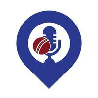 Cricket Podcast gps shape concept logo design template. Microphone and cricket ball logo concept design. vector