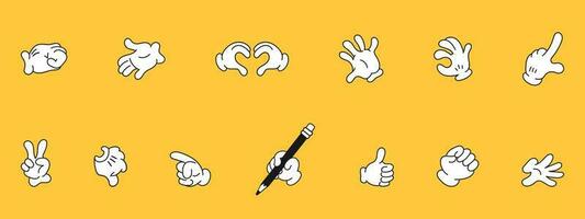 Elements of hands of characters in white gloves. Comic finger gestures in cartoon style. Vector illustration of different signs with palms.