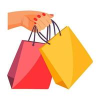 Hand holding shopping bags. Bright gift bags. Concept of delivery of goods. vector