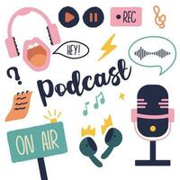 Trendy podcast elements set. Vector flat cartoon illustration with different podcast elements. Podcasting stuff vector illustration