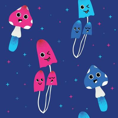 Magic mushrooms with cute emotions seamless pattern. Psychedelic hallucination. Poisonous inedible mushrooms. Vibrant vector clipart. Fairy Tales illustration on blue background.