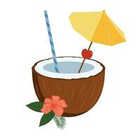 Tropical cocktail in a coconut with an umbrella, a straw. Coconut cocktail. vector