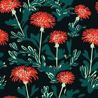 Seamless pattern with red chrysanthemums on dark background vector