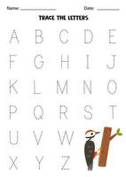 Learning alphabet. Tracing letters. Cute woodpecker. vector