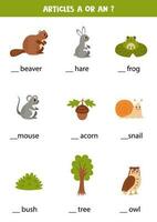 Articles a and an. Write the missing articles. Cute woodland animals. vector