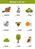 Articles a and an. Write the missing articles. Cute woodland animals. vector