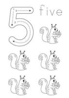 Flashcard number 5. Preschool worksheet. Cute cartoon squirrels. vector