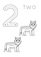 Flashcard number 2. Preschool worksheet. Cute cartoon wolves. vector