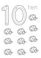 Flashcard number 10. Preschool worksheet. Cute cartoon hedgehogs. vector