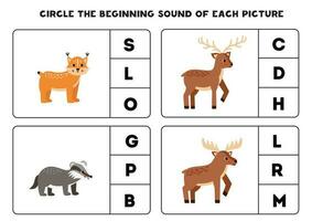 Worksheet for kids. Find the beginning sound of cute woodland animals. vector