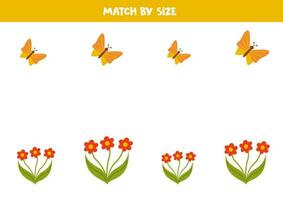 juego de correspondencias para niños en edad preescolar. Haga coincidir las mariposas y las flores por tamaño. vector