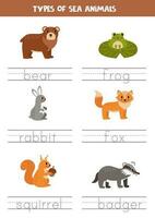 Tracing names of woodland animal types. Writing practice. vector