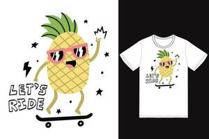 Cute pineapple playing skateboard illustration with tshirt design premium vector