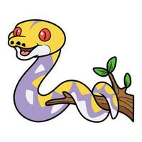 Cute lavender reticulated python cartoon on tree branch vector