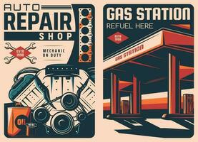 Gas station and car repair shop vintage posters vector