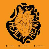 Vector illustration of human heart in hand drawn design with black yellow design