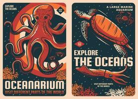 Octopus, squid, sea turtle and crab retro posters vector