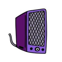 música altavoz vector icono. brillante retro dispositivo para disco, cine, baile. púrpura sonido artilugio con un cable. sencillo garabatear aislado en blanco. plano dibujos animados clipart para carteles, imprimir, logo, web