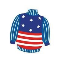 American flag sweater. Bright warm jacket with stars, striped. Patriotic clothing for USA national holidays. Knitted hoodie isolated on white. Flat cartoon clipart for posters, print, logo, web vector