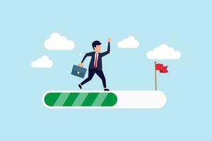 Progress or journey to success or achieve goal, business step or career path, mission or challenge to succeed, improvement concept, ambitious businessman run on progress bar to achieve success flag. vector