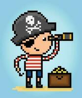 8-bit pixel children's pirates with treasure boxes in vector illustrations. Set Doodle cute creatures.