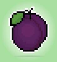 8 bit pixel plum. Pixel Fruits in Vector illustration for game assets or cross stitch pattern.