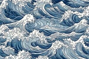 mano dibujado Oceano navegar ola con espuma sin costura modelo. mar ilustración. generativo ai foto