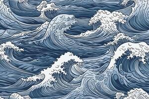 Ocean hand drawn wavy seamless pattern in linear art. photo