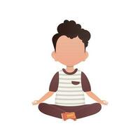 Little boy meditates in the lotus position. Isolated. Cartoon style. vector