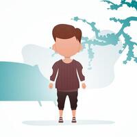 A cute little boy is standing in the room. Poster with a child. illustration in cartoon style. vector