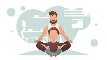 papá con pequeño hijo son sentado y haciendo yoga en el habitación. meditación. dibujos animados estilo. vector